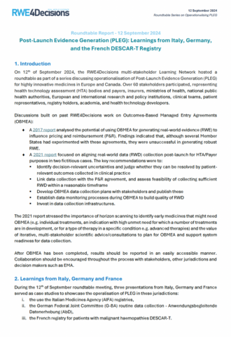 Roundtable Report: Post-Launch Evidence Generation (PLEG): Learnings from Italy, Germany, and the French DESCAR-T Registry Roundtable Report: Post-Launch Evidence Generation (PLEG): Learnings from Italy, Germany, and the French DESCAR-T Registry